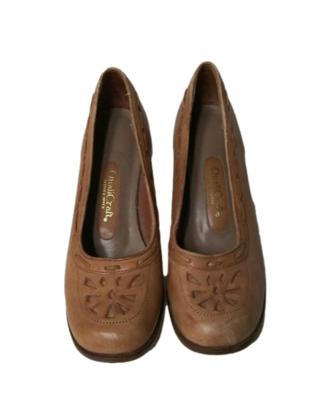 Qualicraft Vintage Brown Leather Round Closed Toe Blocked Heel Slip On Shoe